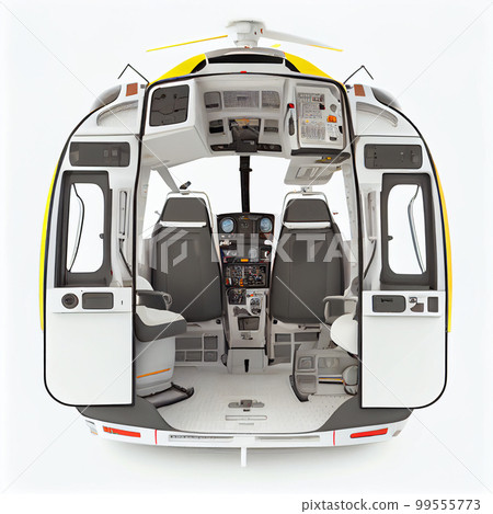 Rear view of the interior of an open ambulance helocopter isolated on a white background 99555773