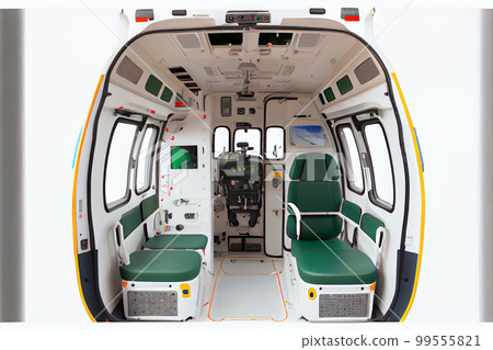 Rear view of the interior of an open ambulance helocopter isolated on a white background Rear view of the interior of an open ambulance helocopter isolated on a white background 99555821