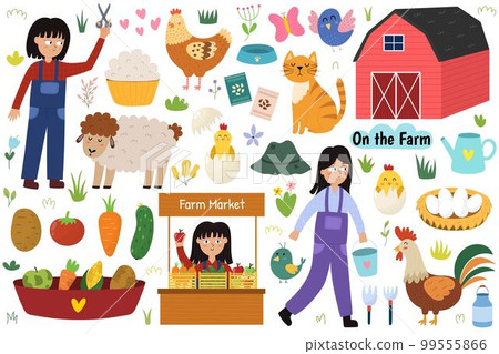 On the farm set with cute animals and kids farmers. Countryside life elements 99555866