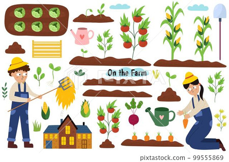 Cute farm collection with kids working in the garden. Agriculture and gardening set 99555869