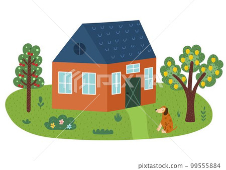 Landscape print in cartoon style with cute dog, house and trees. Summer green meadow 99555884
