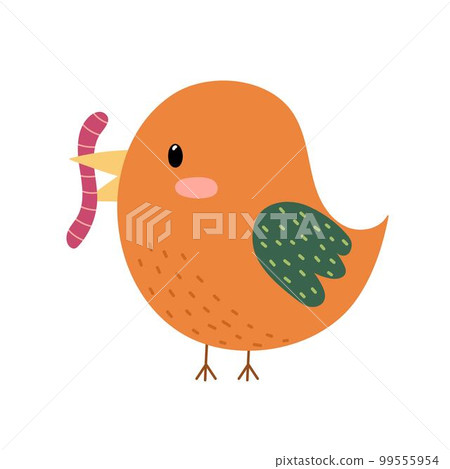 Cute bird eating a worm in cartoon style. Funny character with earthworm in its beak 99555954