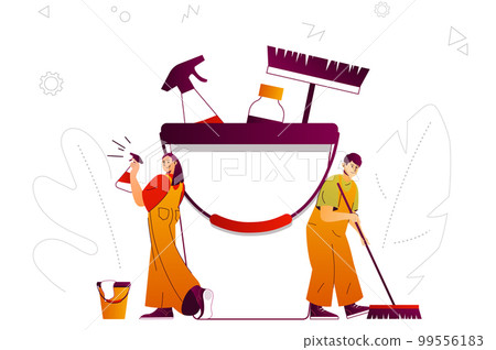 Cleaning company web concept. Cleaners team provides housekeeping services. People scene with flat line characters design for website. Vector illustration for social media promotional materials Cleaning company web concept. Cleaners team provides housekeeping services. People scene with flat line characters design for website. Vector illustration for social media promotional materials 99556183