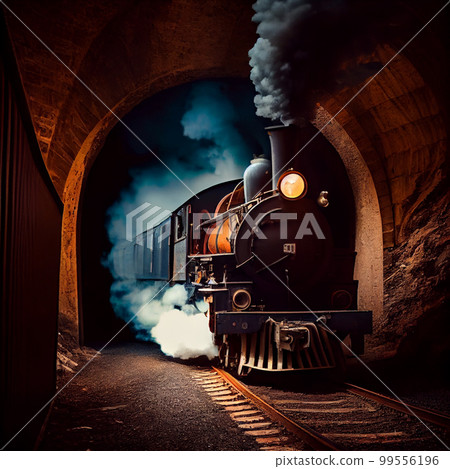 Old steam train pulling into a tunnel belching steam and smoke Old steam train pulling into a tunnel belching steam and smoke 99556196