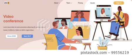 Video conference web concept. Online communication of friends, business meeting scene. Banner template with flat line characters design. Vector illustration for social media promotional materials 99556219