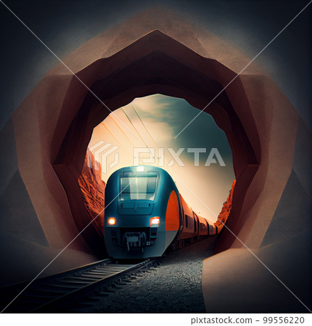 Mountain railroad with train in tunnel. Mountain railroad with train in tunnel. 99556220