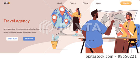 Travel agency web concept. Operator helps client to choose tourist tour at map scene. Banner template with flat line characters design. Vector illustration for social media promotional materials 99556221
