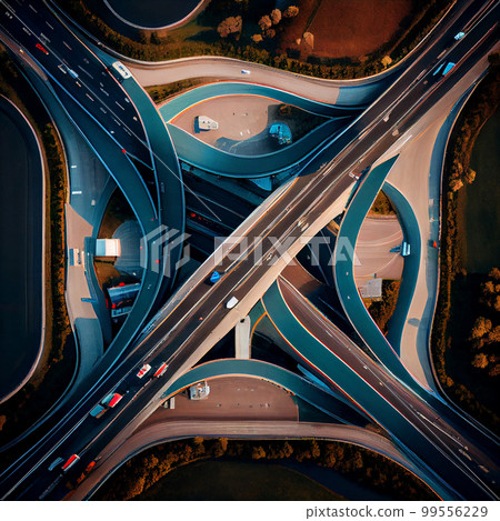 Crossing roads aerial view. Highway road. Expressway top view. Highway traffic. Multi-level road junction. Motorway. Top view freeway. Road architecture. 99556229