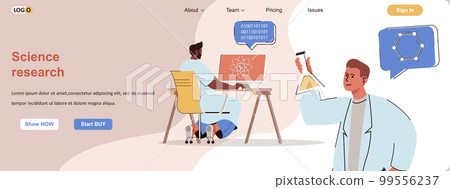 Science research web concept. Scientists make experiments in lab, analyze test data scene. Banner template with flat line characters design. Vector illustration for social media promotional materials Science research web concept. Scientists make experiments in lab, analyze test data scene. Banner template with flat line characters design. Vector illustration for social media promotional materials 99556237