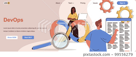 DevOps web concept. Organization or monitoring processes, development, communication scene. Banner template with flat line characters design. Vector illustration for social media promotional materials 99556279