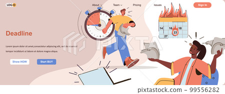 Deadline burning web concept. Working stress and panic in office, time management scene. Banner template with flat line characters design. Vector illustration for social media promotional materials 99556282