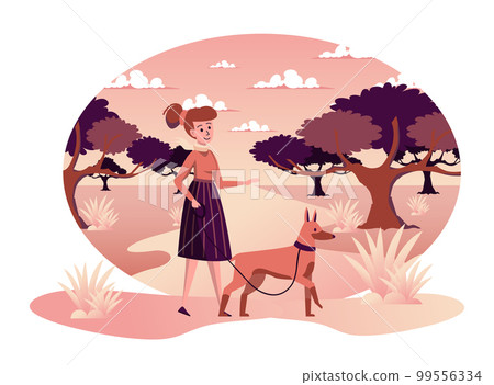 Woman walking dog in autumn park isolated scene. Female owner spends time with puppy, training pet in outdoors. Autumn landscape and seasonal activities. Vector illustration in flat cartoon design 99556334
