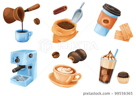 Coffee stickers set. Bundle of objects - drink in cup, spices, beans, cookies. Different tools - cezve, coffee machine . Morning breakfast. 3d illustration with isolated elements in realistic design Coffee stickers set. Bundle of objects - drink in cup, spices, beans, cookies. Different tools - cezve, coffee machine . Morning breakfast. 3d illustration with isolated elements in realistic design 99556365