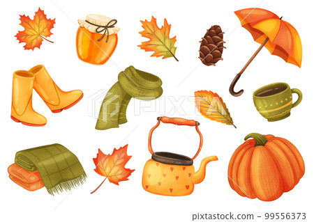 Autumn stickers set. Bundle of objects - leaves, honey, pine cone, umbrella, rubber boots, scarf, plaid, kettle, cup, pumpkin. Fall season. 3d illustration with isolated elements in realistic design Autumn stickers set. Bundle of objects - leaves, honey, pine cone, umbrella, rubber boots, scarf, plaid, kettle, cup, pumpkin. Fall season. 3d illustration with isolated elements in realistic design 99556373