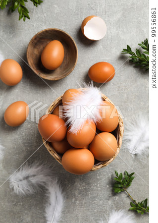 Concept of fresh and natural farm product - eggs, top view 99556861