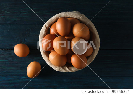 Concept of fresh and natural farm product - eggs, top view 99556865