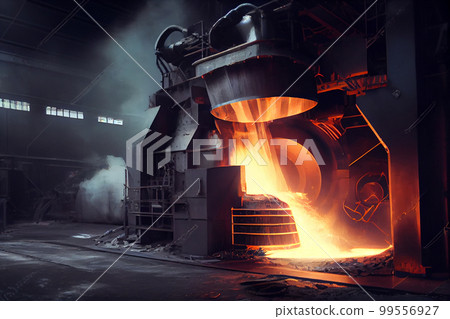 Liquid iron molten metal pouring in container, industrial metallurgical factory, foundry cast, heavy industry background Liquid iron molten metal pouring in container, industrial metallurgical factory, foundry cast, heavy industry background 99556927