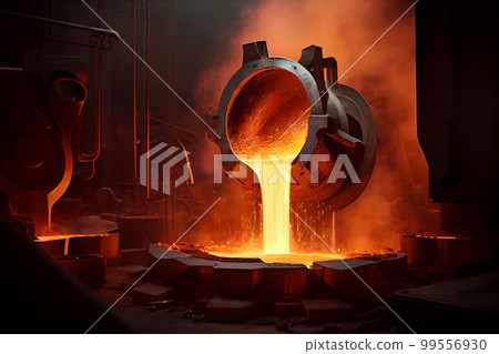 Liquid iron molten metal pouring in container, industrial metallurgical factory, foundry cast, heavy industry background 99556930