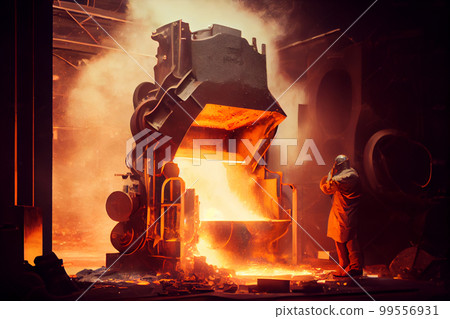 Liquid iron molten metal pouring in container, industrial metallurgical factory, foundry cast, heavy industry background 99556931