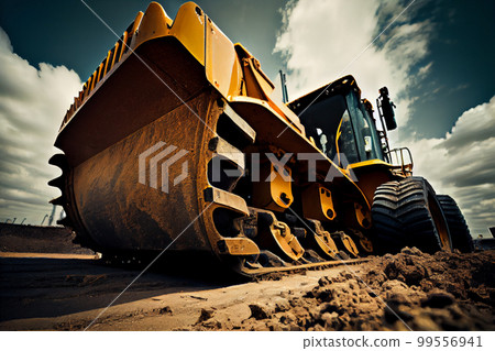 Focus on the black rubber wheels of a yellow bulldozer at a construction site Focus on the black rubber wheels of a yellow bulldozer at a construction site 99556941
