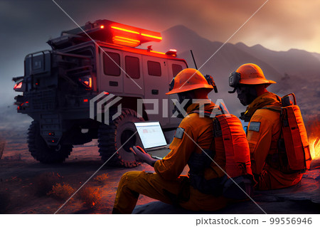 Search and rescue team. A group of rangers on a four-wheel drive specially equipped SUV using tablets with satellite images conduct reconnaissance of fires in the forest. Search and rescue team. A group of rangers on a four-wheel drive specially equipped SUV using tablets with satellite images conduct reconnaissance of fires in the forest. 99556946