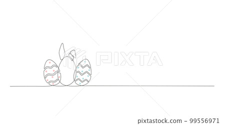 Simple line vector banner with Easter bunny, eggs ssilhouette. Outline vector illustration for banner. 99556971