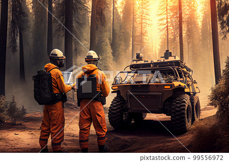 Search and rescue team. A group of rangers on a four-wheel drive specially equipped SUV using tablets with satellite images conduct reconnaissance of fires in the forest. 99556972