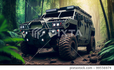 Armored SUV n in rain forest with led bar on roof Armored SUV n in rain forest with led bar on roof 99556974