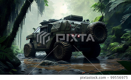 Armored SUV n in rain forest with led bar on roof 99556975