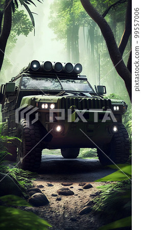 Armored SUV n in rain forest with led bar on roof Armored SUV n in rain forest with led bar on roof 99557006