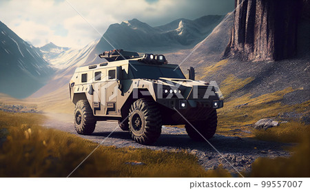 Armored SUV in mountains with led bar on roof 99557007