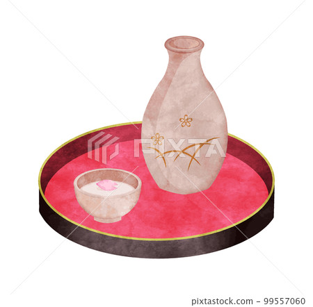 Floating cherry blossom petals sake illustration hand-painted watercolor style 99557060