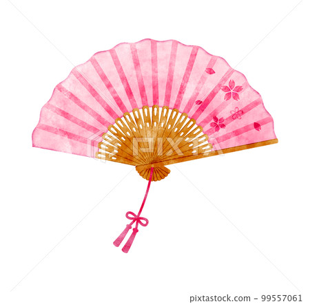 Illustration of a folding fan with a cherry blossom pattern Hand-painted watercolor style 99557061
