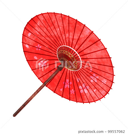 Illustration of a red Japanese umbrella with a cherry blossom pattern Hand-painted watercolor style 99557062