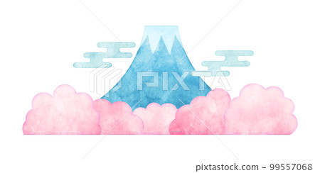一排櫻花樹和富士山手繪水彩風格的插圖 99557068