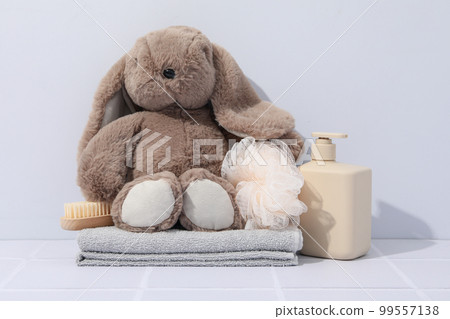 Concept of child bodycare, child cosmetics and bathroom accessories Concept of child bodycare, child cosmetics and bathroom accessories 99557138