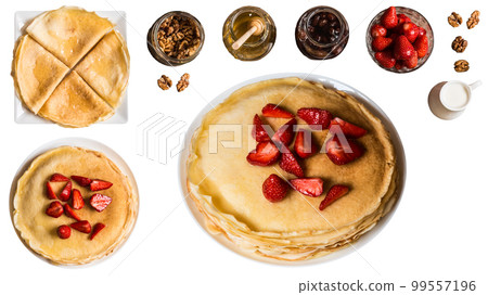 Healthy sweet food pancakes crepes with fruits berries on isolated white background Healthy sweet food pancakes crepes with fruits berries on isolated white background 99557196