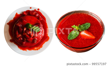 American pancakes and strawberry jam on isolated white background 99557197