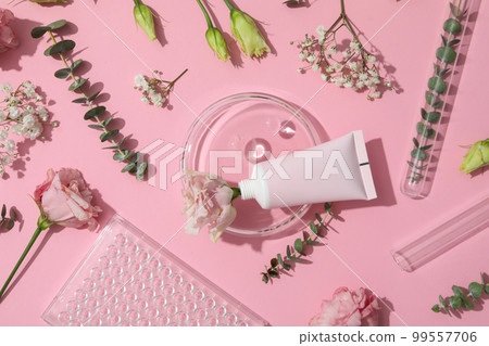 Concept of cosmetic research and organic skin care products, top view 99557706