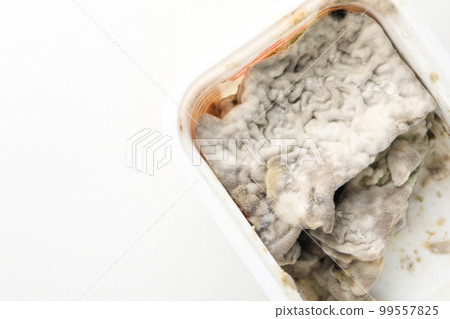 Container with mold on white background, space for text 99557825