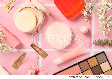 Concept of cosmetic and different female accessories, top view Concept of cosmetic and different female accessories, top view 99557964