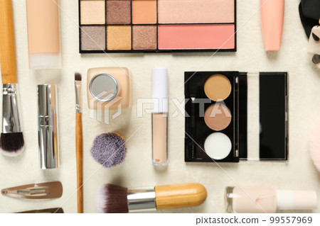 Concept of cosmetic and different female accessories, top view 99557969