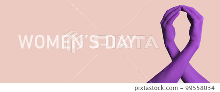 text womens day and violet ribbon, banner 99558034