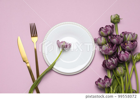 Concept of spring season table setting, top view 99558072