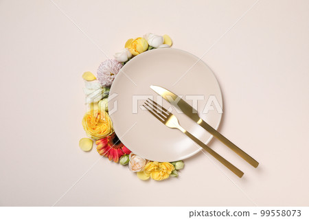 Concept of spring season table setting, top view 99558073