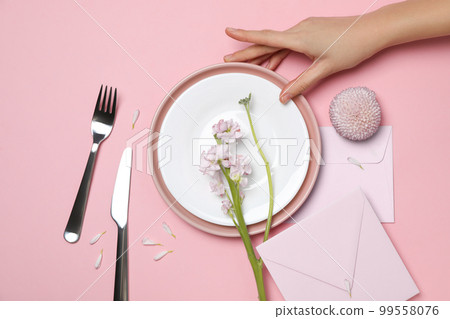 Concept of spring season table setting, top view Concept of spring season table setting, top view 99558076