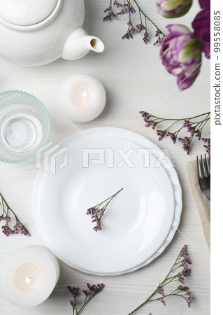 Concept of spring season table setting, top view 99558085