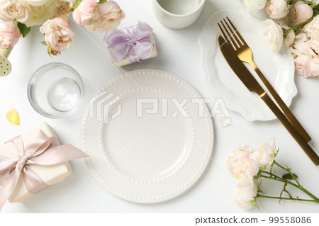 Concept of spring season table setting, space for text Concept of spring season table setting, space for text 99558086