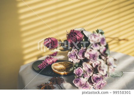 Yellow background and dried flowers and interior accessories Yellow background and dried flowers and interior accessories 99558301