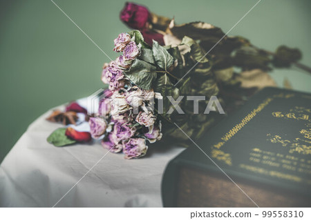 Green background, dried flowers and accessories 99558310